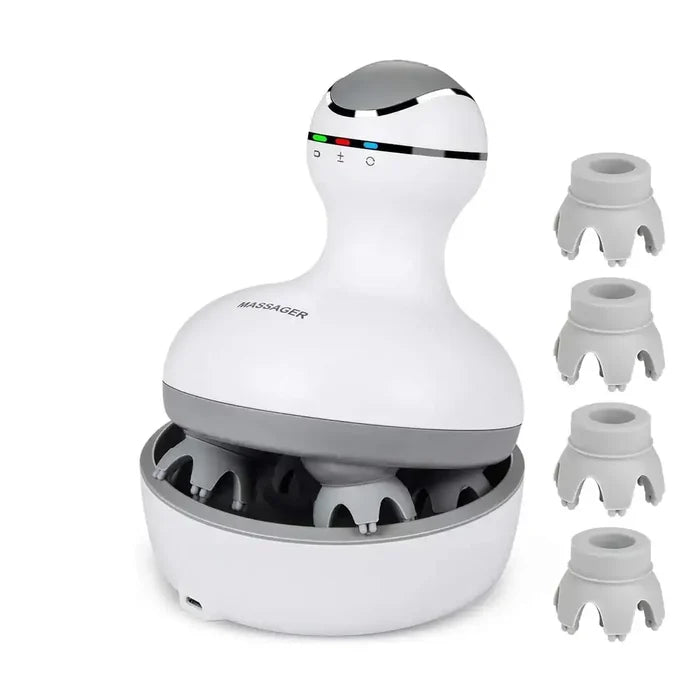 Electric scalp massager with 4 massage heads, waterproof and rechargeable for an invigorating scalp massage experience.