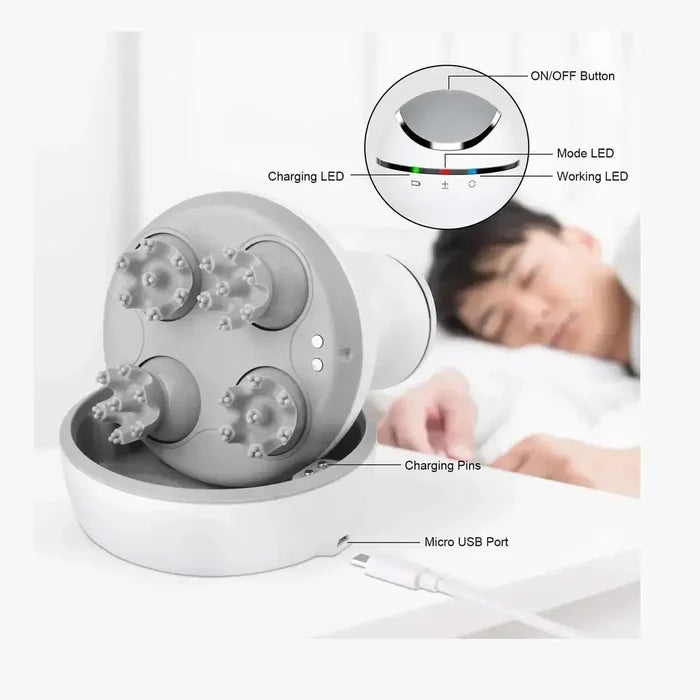 Electric scalp massager charging with LED indicators and micro USB port beside a person relaxing.