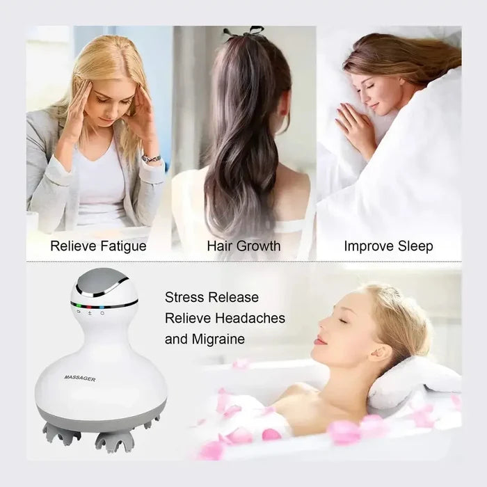 Electric scalp massager shown in use for stress relief, hair growth, and improved sleep.