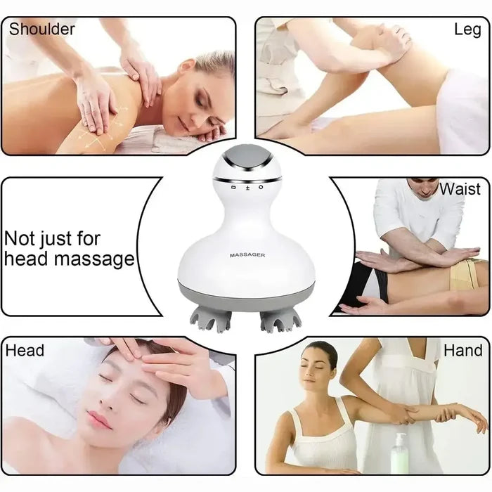 Electric scalp massager showcased in a multi-use graphic for shoulder, leg, waist, head, and hand massage.