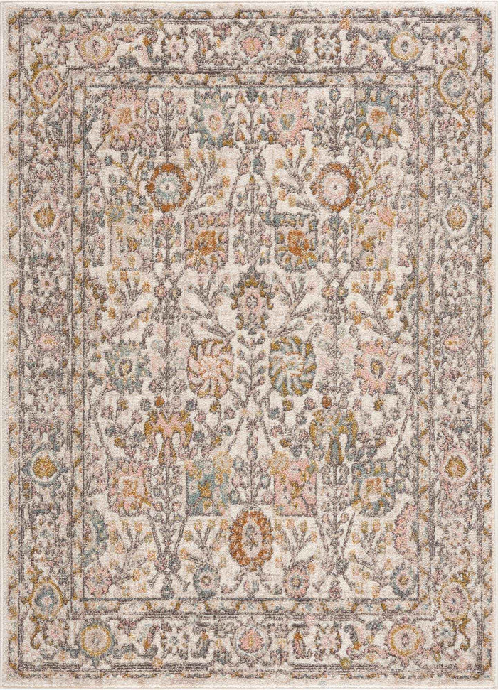 Herstmonceux elegant area rug featuring a sophisticated floral design in shades of charcoal, mustard, light gray, and dusty pink.