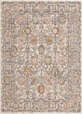 Herstmonceux elegant area rug featuring a sophisticated floral design in shades of charcoal, mustard, light gray, and dusty pink.