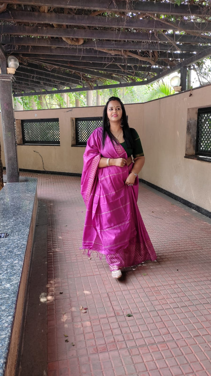 Chanderi Silk Saree Violet Running Blouse-Indiehaat