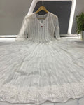 Georgette Anarkali Gown (56 kali) White Color Chikankari work with inner - IndieHaat