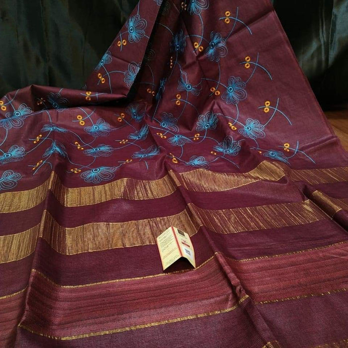 Eri Silk Digital Embroidered Maroon Saree with Running Blouse-Indiehaat