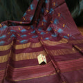Eri Silk Digital Embroidered Maroon Saree with Running Blouse-Indiehaat