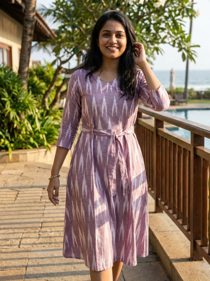 Elegant Pure Cotton Lavender Ikkat Dress