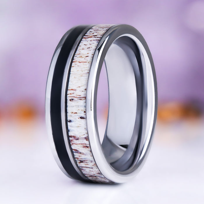 Elk Antler & Black Obsidian Men's Wedding Band by Aquamarise