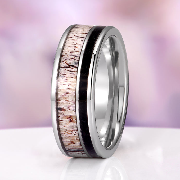 Elk Antler & Black Obsidian Tungsten Carbide Wedding Band (8mm) by Aquamarise, featuring a polished tungsten carbide ring with natural elk antler and sleek black obsidian inlays, part of Men’s Wedding Bands and Inlay Wedding Bands collections.