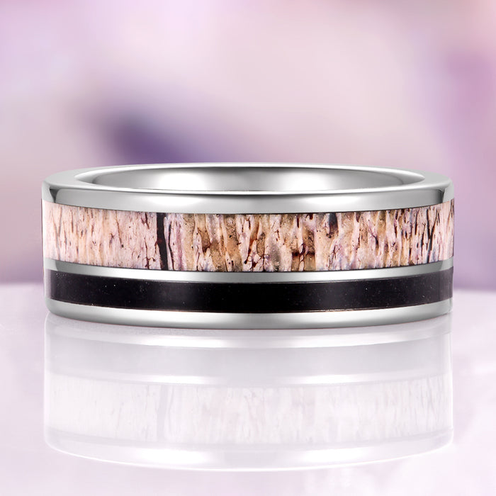 Elk Antler & Black Obsidian Tungsten Carbide Wedding Band (8mm) by Aquamarise, featuring a polished tungsten carbide ring with natural elk antler inlay contrasted by a deep black obsidian band, part of Men's Wedding Bands and Inlay Wedding Bands collections.