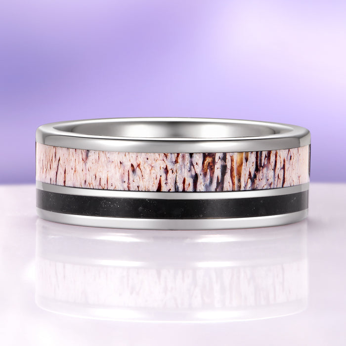 Elk Antler & Black Obsidian Tungsten Carbide Wedding Band (8mm) by Aquamarise, featuring a sturdy tungsten carbide ring with a textured natural elk antler inlay paired with a sleek black obsidian stripe, part of men's wedding bands and inlay wedding bands collections.
