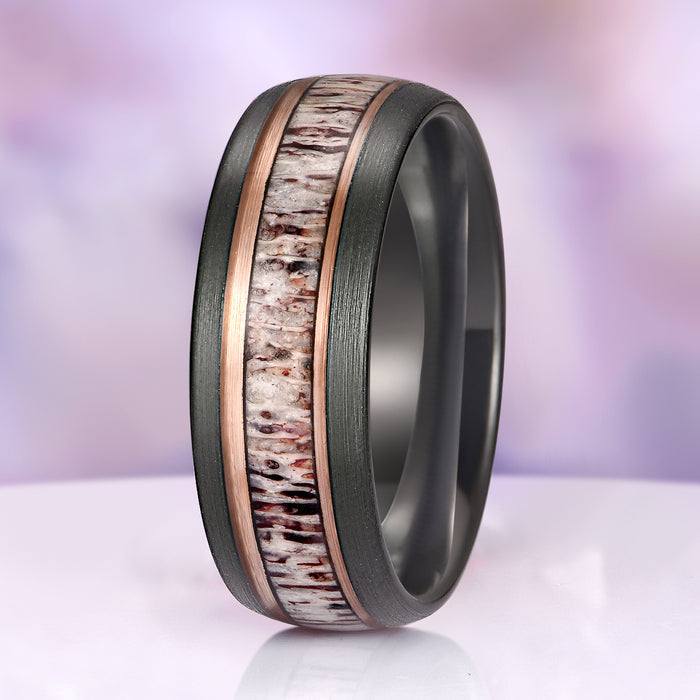 Elk Antler Two-Tone Tungsten Carbide Wedding Band (8mm) by Aquamarise featuring a textured elk antler inlay bordered by rose-gold accents set in a matte black tungsten carbide band, part of Men's Wedding Bands and Inlay Wedding Bands collections.