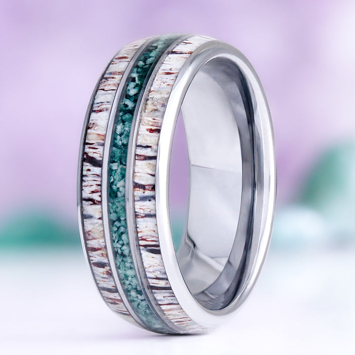 Elk antler and moss agate men's wedding band — antler and green agate inlay in 8mm silver tungsten