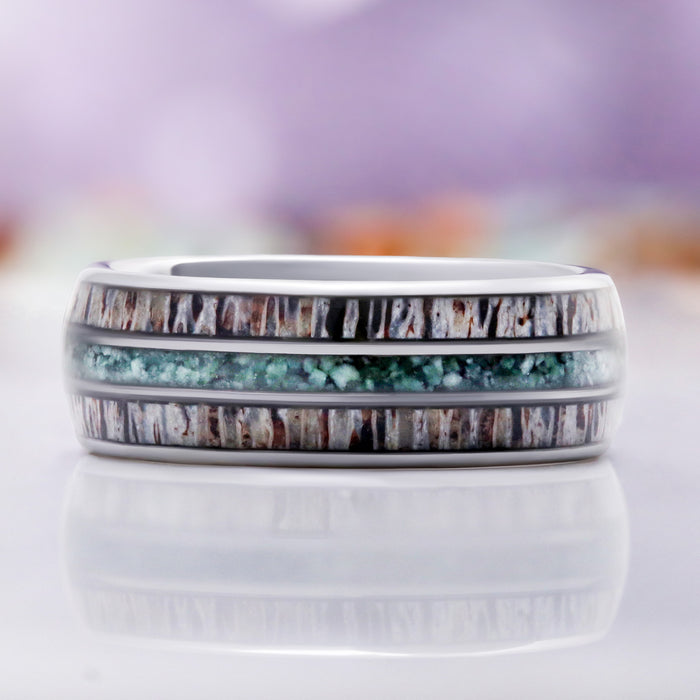 Elk Antler & Moss Agate Men's Wedding Band by Aquamarise, close-up of the antler and moss agate inlay