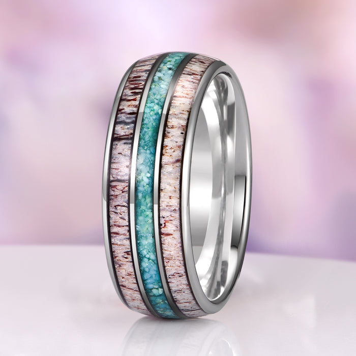 Elk Antler & Turquoise Tungsten Carbide Wedding Band (8mm) by Aquamarise, showcasing a polished tungsten carbide band with dual inlays of genuine elk antler and crushed turquoise, part of Men's Wedding Bands, Inlay Wedding Bands, and Birthstone Jewelry collections.