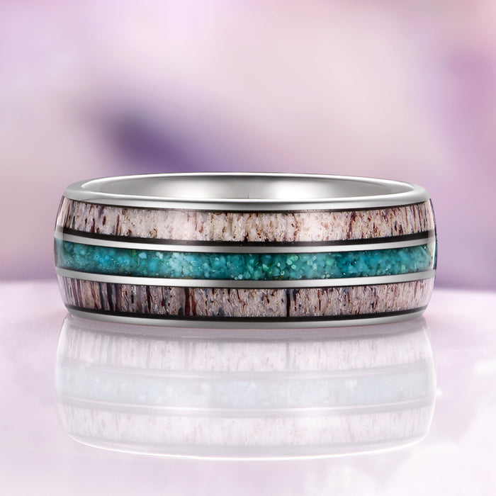 Elk Antler & Turquoise Tungsten Carbide Wedding Band (8mm) by Aquamarise, featuring a polished tungsten carbide band with natural elk antler inlays and a vibrant crushed turquoise center stripe, part of Men’s Wedding Bands and Inlay Wedding Bands collections.