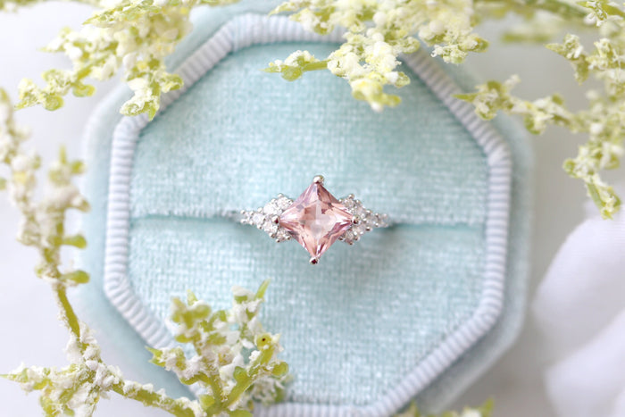 Ellie Princess Cut Morganite Engagement Ring in Sterling Silver by Aquamarise featuring a blush pink princess-cut morganite with sparkling simulated diamond accents in a romantic design