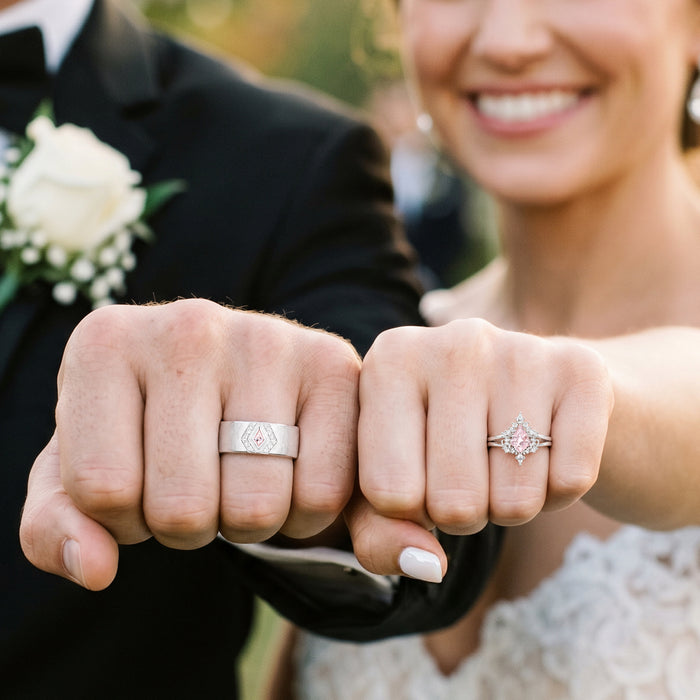 Elowen Morganite Couples Ring Set by Aquamarise, featuring a bridal-style morganite ring and a bold brushed band for him in a matching couple's jewelry design.