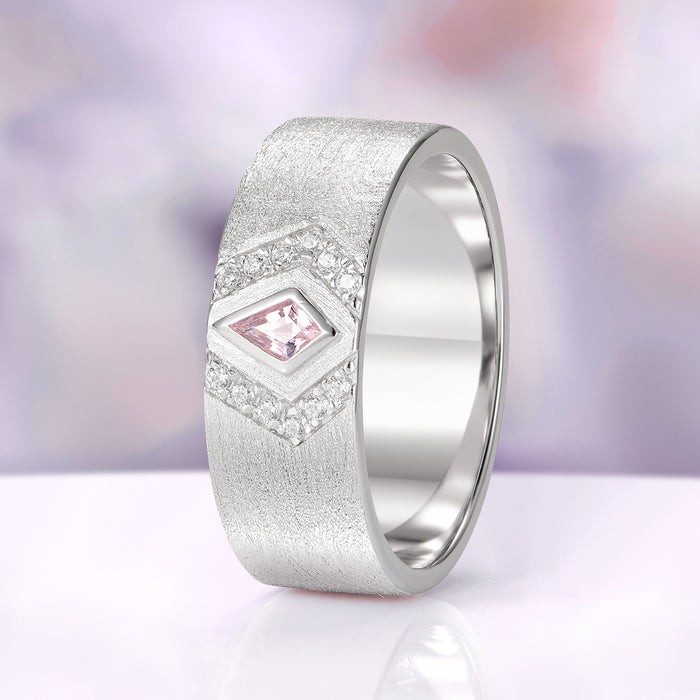 Elowen Morganite Couples Ring Set by Aquamarise featuring a brushed silver band with a kite-shaped pink morganite stone surrounded by small simulated diamonds, part of Matching Couples' Rings and Best Selling Jewelry collections.