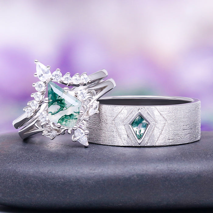 Elowen Kite Cut Green Moss Agate Engagement Ring Set in Sterling Silver by Aquamarise, featuring nature-inspired kite cut green moss agate stones in sterling silver rings.