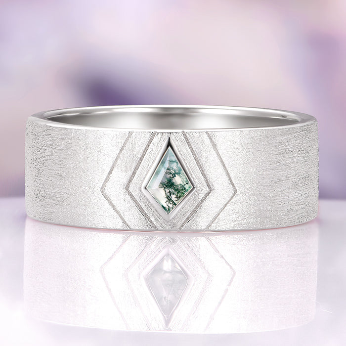 Elowen Moss Agate Couples Ring Set by Aquamarise featuring a wide sterling silver band with a diamond-shaped moss agate gemstone, perfect for matching couples’ rings and meaningful gifts.