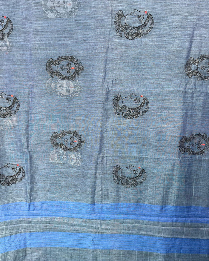 IndieHaat | Basbara Tussar Silk Blue Saree Handloom Embroidered Running Blouse