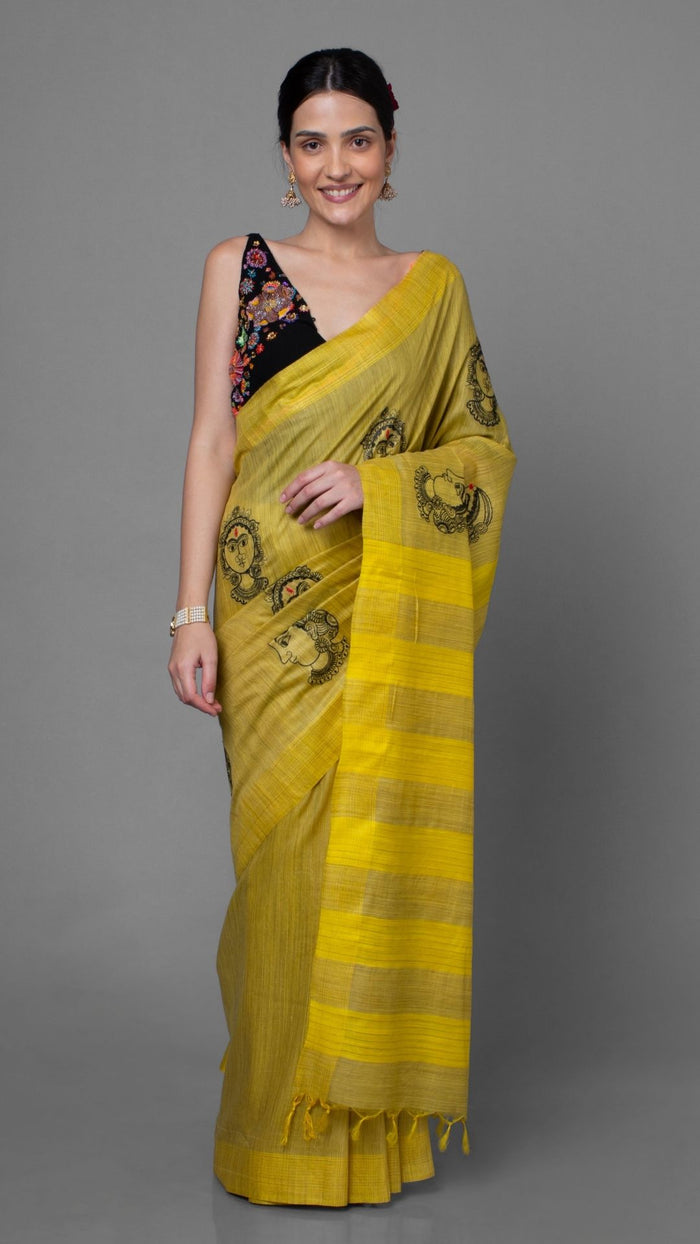 Saree – Yellow Bansbara Tussar Silk Handloom – Indiehaat