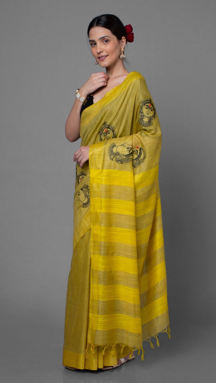 Saree – Yellow Bansbara Tussar Silk Handloom – Indiehaat