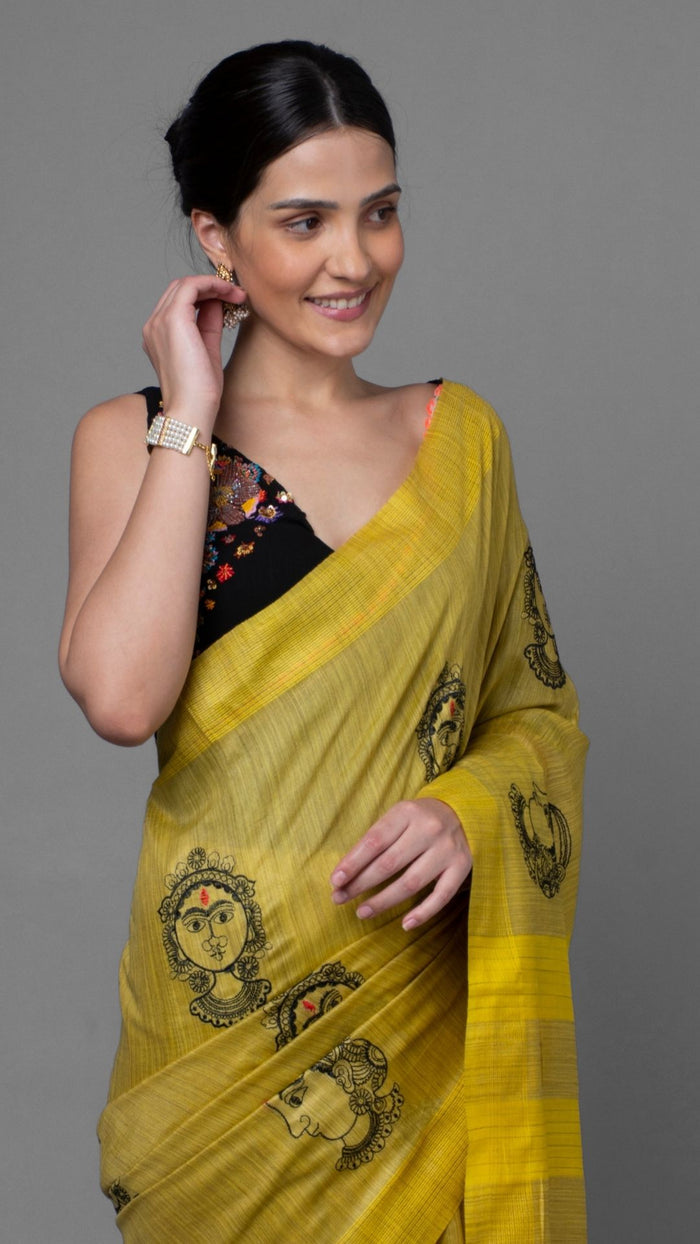 Saree – Yellow Bansbara Tussar Silk Handloom – Indiehaat