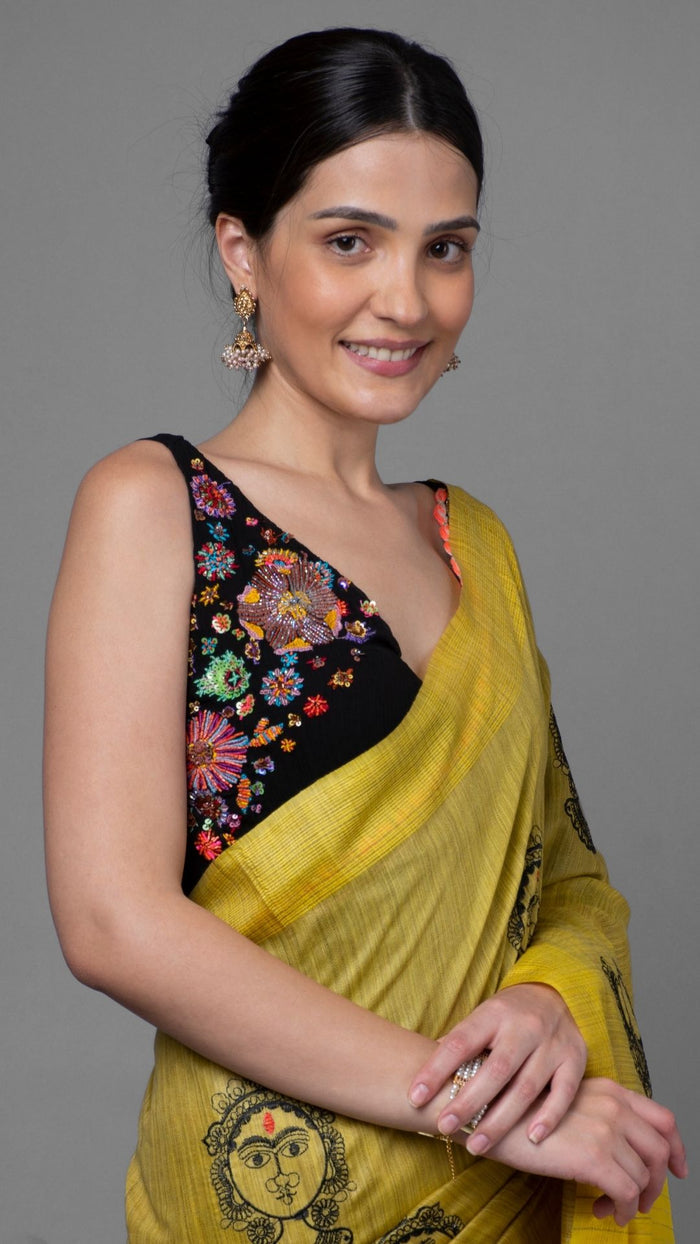 Saree – Yellow Bansbara Tussar Silk Handloom – Indiehaat