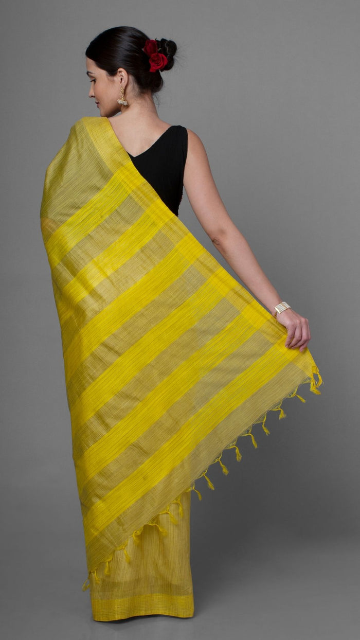 Saree – Yellow Bansbara Tussar Silk Handloom – Indiehaat