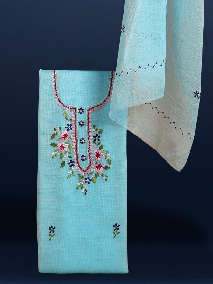 Embroidered Bold Kota Doria Blue Suit (Top+Bottom+Dupatta)