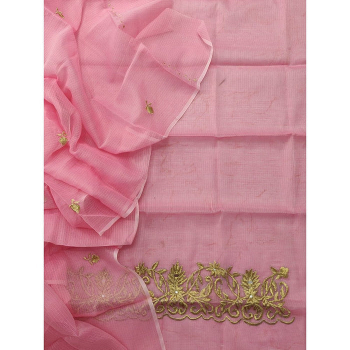 Kota Doria Pink Suit Material 2 Piece Embroidered (Only Top and Dupatta)-Indiehaat