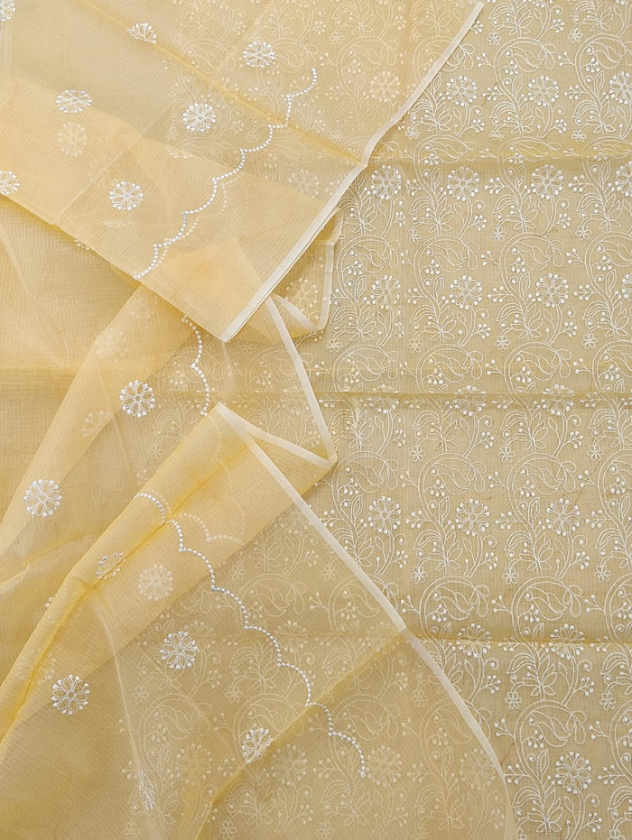 Kota Doria Embroidery Work Suit Material Raffia Yellow Colour Top+Bottom+Dupatta-Indiehaat