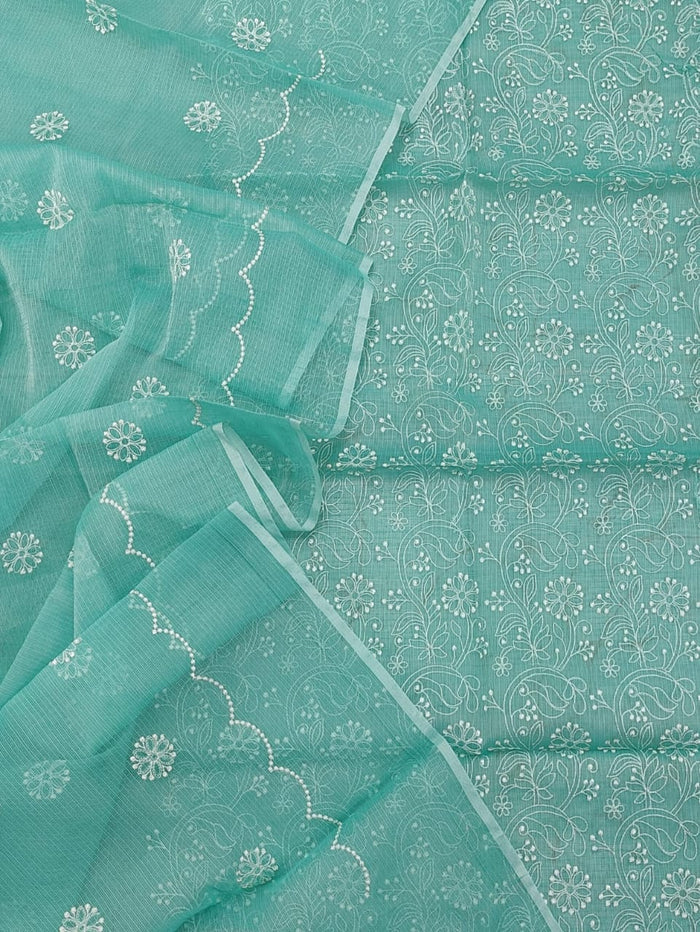 Kota Doria Embroidery Work Suit Material Tradewind Green Colour Top+Bottom+Dupatta-Indiehaat