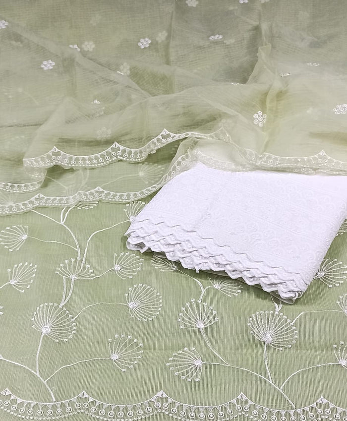 Kota Doria Embroidery Green Suit Material with Matching Dupatta and Chikenkari White Bottom-Indiehaat