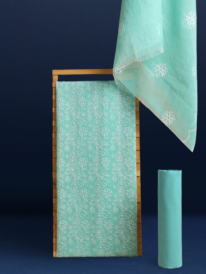 Embroidered Poised Kota Doria Suit Blue (Top+Dupatta+Bottom)