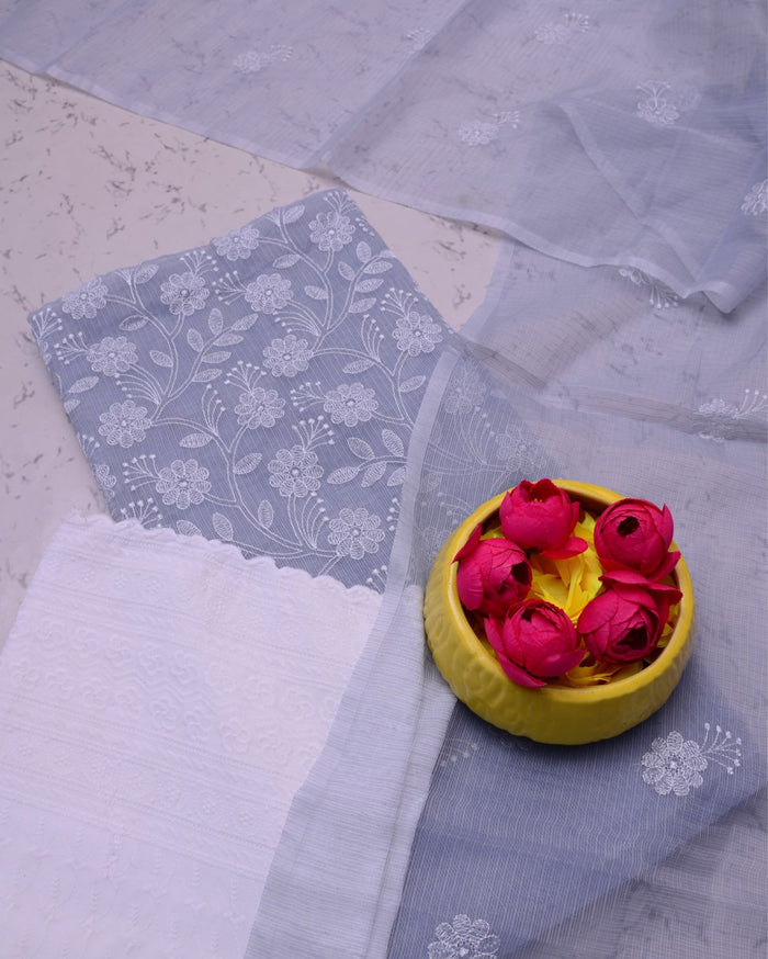 Kota Doria Suits White & Lavendar Gray Color Embroidery Work (Top+Bottom+Dupatta) - IndieHaat