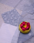 Kota Doria Suits White & Lavendar Gray Color Embroidery Work (Top+Bottom+Dupatta) - IndieHaat