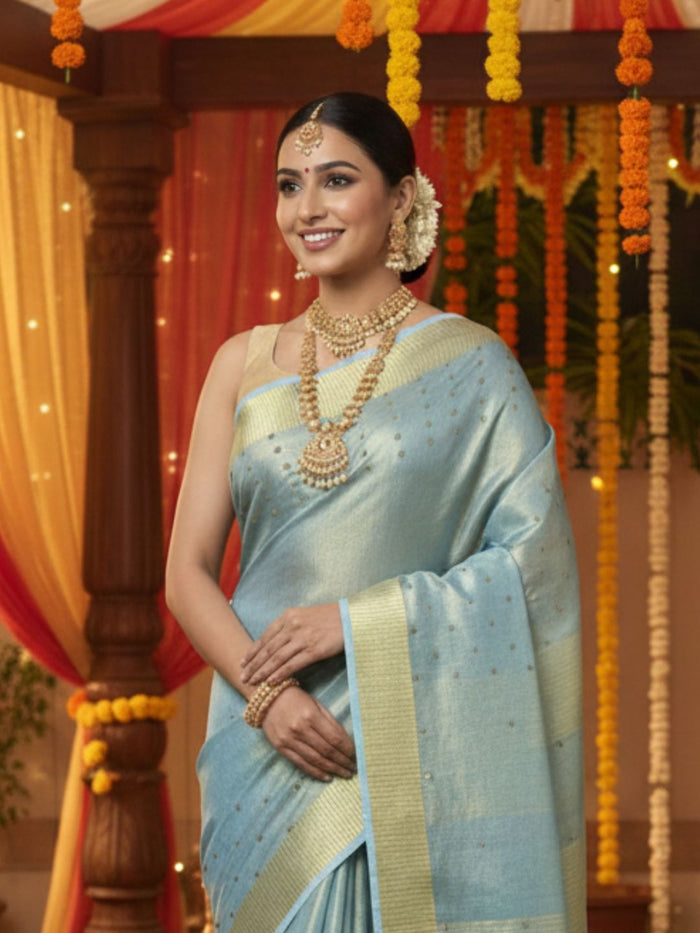 Embroidered Pure Tissue Linen Handdyed Saree Blue