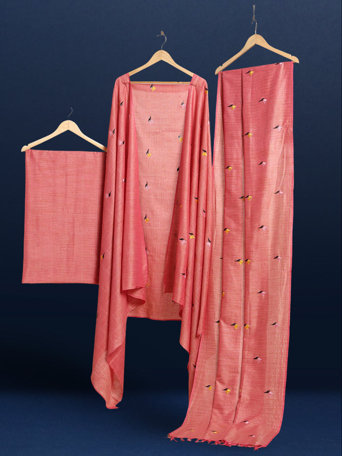 Embroidered Serene Khadi Cotton Peach Suit (T+B+D) Piece
