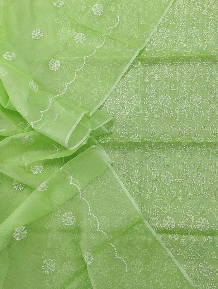 Embroidered Serene Kota Doria Suit Green (Top+Bottom+Dupatta)