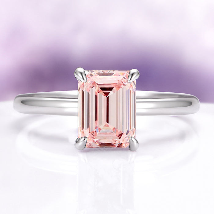 Emerald Cut Morganite Engagement Ring in 14K White Gold (Hidden Halo)
