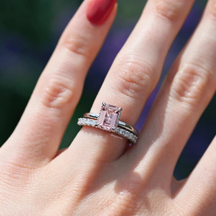 Emerald Cut Morganite Engagement Ring in 14K White Gold (Hidden Halo)