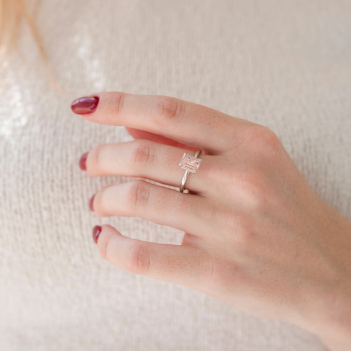 Emerald Cut Morganite Engagement Ring in 14K White Gold (Hidden Halo)