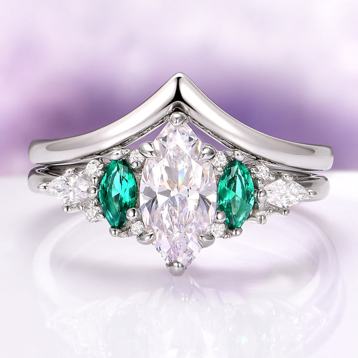 Emerie Lab-Grown Diamond and Emerald Engagement Ring Set in 14K White Gold (IGI Certified) by Aquamarise Gold, featuring a marquise cut lab-grown diamond center with marquise emerald accents and sparkling diamonds, part of Solid Gold Engagement Rings, April and May Birthstone Jewelry, and Nature-Inspired Engagement Rings collections.
