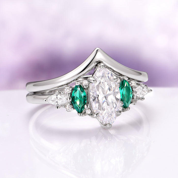 Emerie Lab-Grown Diamond and Emerald Engagement Ring Set in 14K White Gold (IGI Certified) by Aquamarise Gold, featuring a marquise cut lab-grown diamond flanked by marquise emeralds and diamonds, part of nature-inspired and birthstone jewelry collections.
