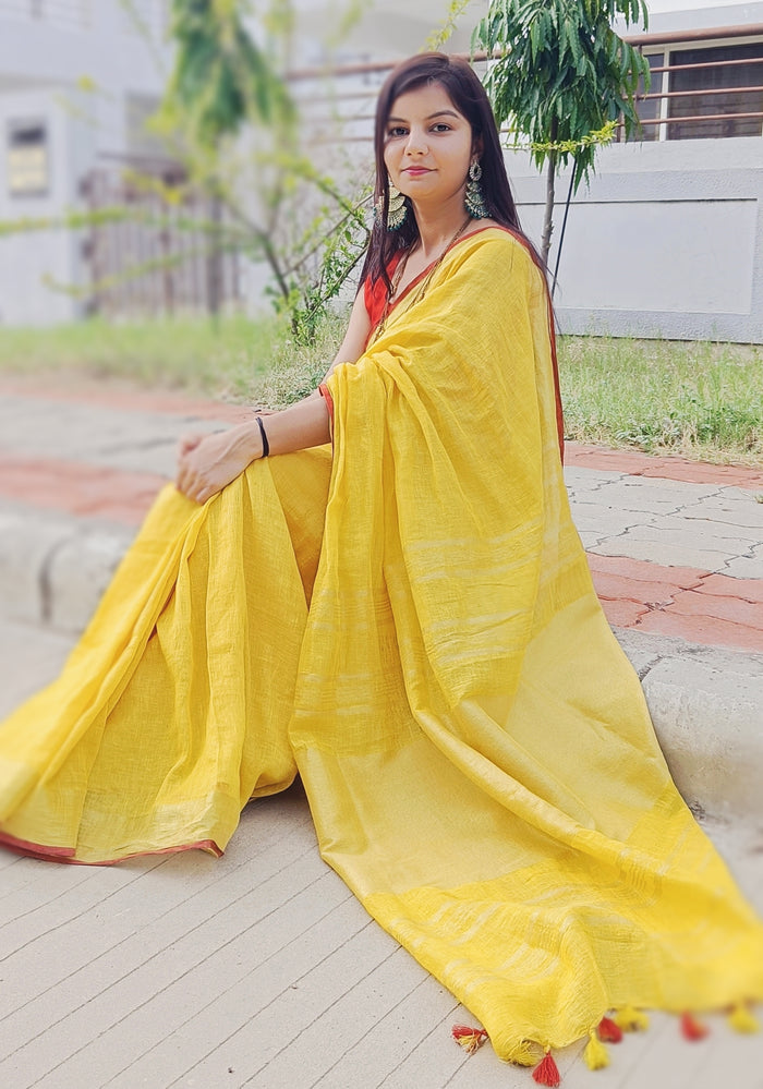 Empowering Handwoven Pure Linen Yellow Saree