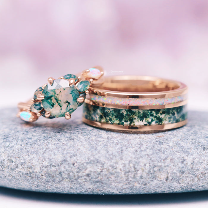 Enchanted Garden Green Moss Agate & Fire Opal Ring- 14K Solid Rose Gold by Aquamarise Gold featuring a nature-inspired green moss agate center stone accented with fire opals, part of the Solid Gold Engagement Rings and October Birthstone collections.