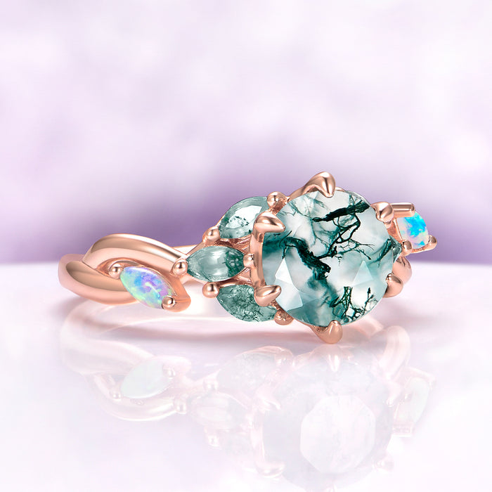 Enchanted Garden Green Moss Agate & Fire Opal Ring in 14K Solid Rose Gold, featuring a unique green moss agate centerpiece with fire opal accents on an elegant rose gold band.